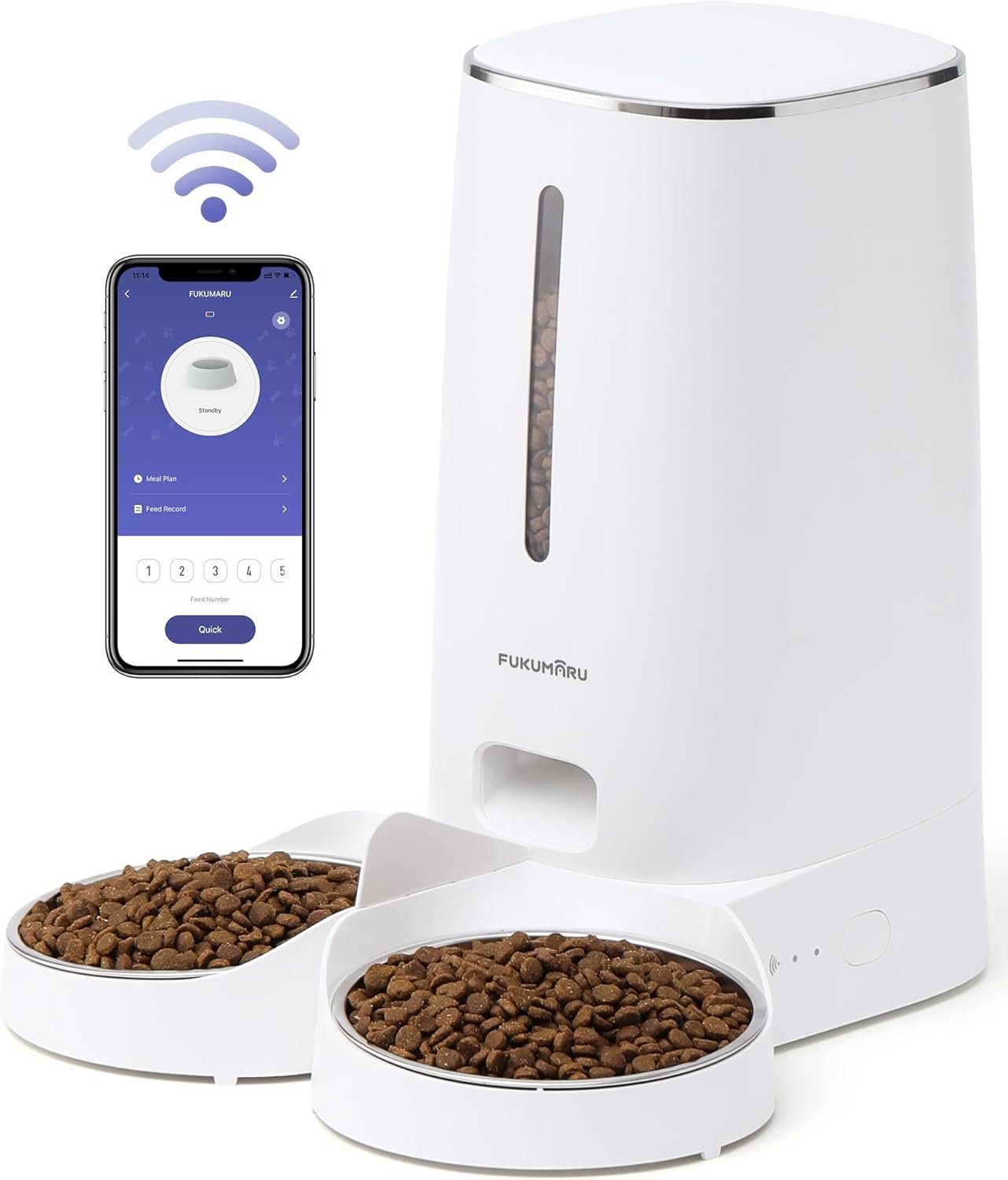 FUKUMARU Comedero Gato Automatico WiFi, 4L Dispensador Comida para Perro/Gato con Dos Cuencos, Programa Personalizado de Alimentación Automática, Funcionamiento por Pilas y cableado eléctrico, Blanco