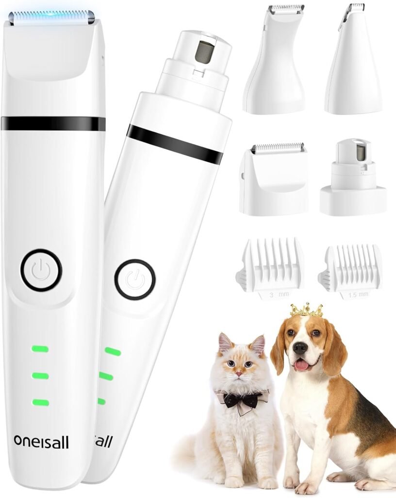 oneisall 4 en 1 silencioso Cortapelos para Perros y Gatos, cortapelos y cortauñas recargable con 4 cabezales de corte multifuncionales para todo el cuerpo (Blanco)