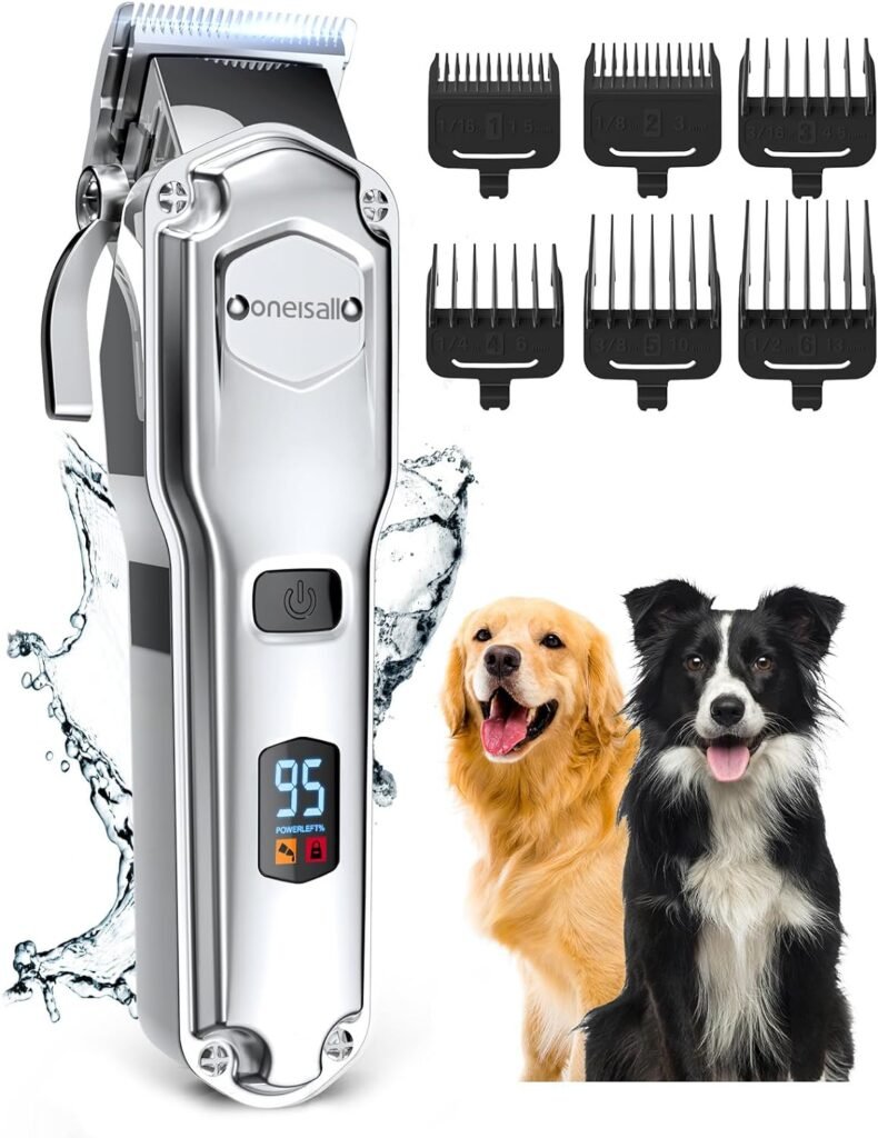 oneisall Premium Maquina Cortar Pelo Perros, IPX7 Todo el Cuerpo Lavable Maquinilla Inalámbrico Cortapelos Apta para largo y pelo grueso (plateado)