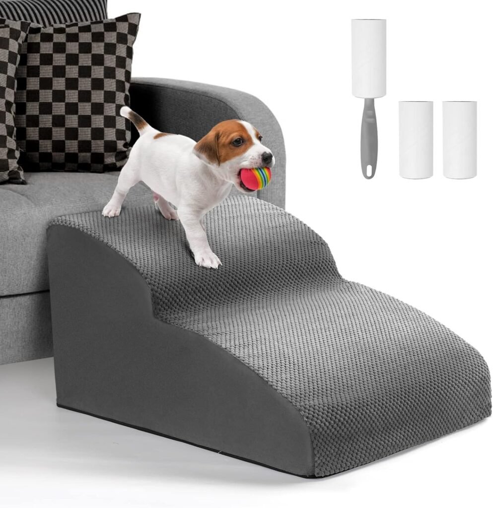 Lannvan Escalera para Perros, Escaleras para Mascotas de Espuma de 2 Escalones, Rampa para Perros Pequeños y Gatos con Funda Lavable y Fondo Antideslizante, para Sofá o Cama, Enviar Rodillo de Pelusa