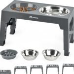 Petace Comedero Perro Elevado de 5 Alturas Ajustables, 2 X 1200ml Comedero Bebedero de Acero y 1 x 800ml Comedero Perro Antivoracidad, Comederos Elevados para Perros Pequeños, Medianos y Grandes, Nero