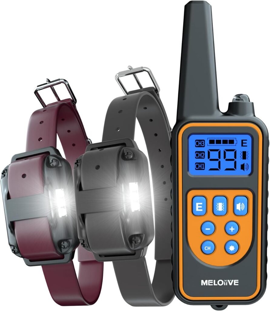 Meloive Collar de Adiestramiento para 2 Perros,Recargable y Resistente al Agua de IPX67 con un Alcance de 3000m con 99 Niveles de Modo de Vibración, Advertencia de Sonido, Luz y Modo E(2 Collars)
