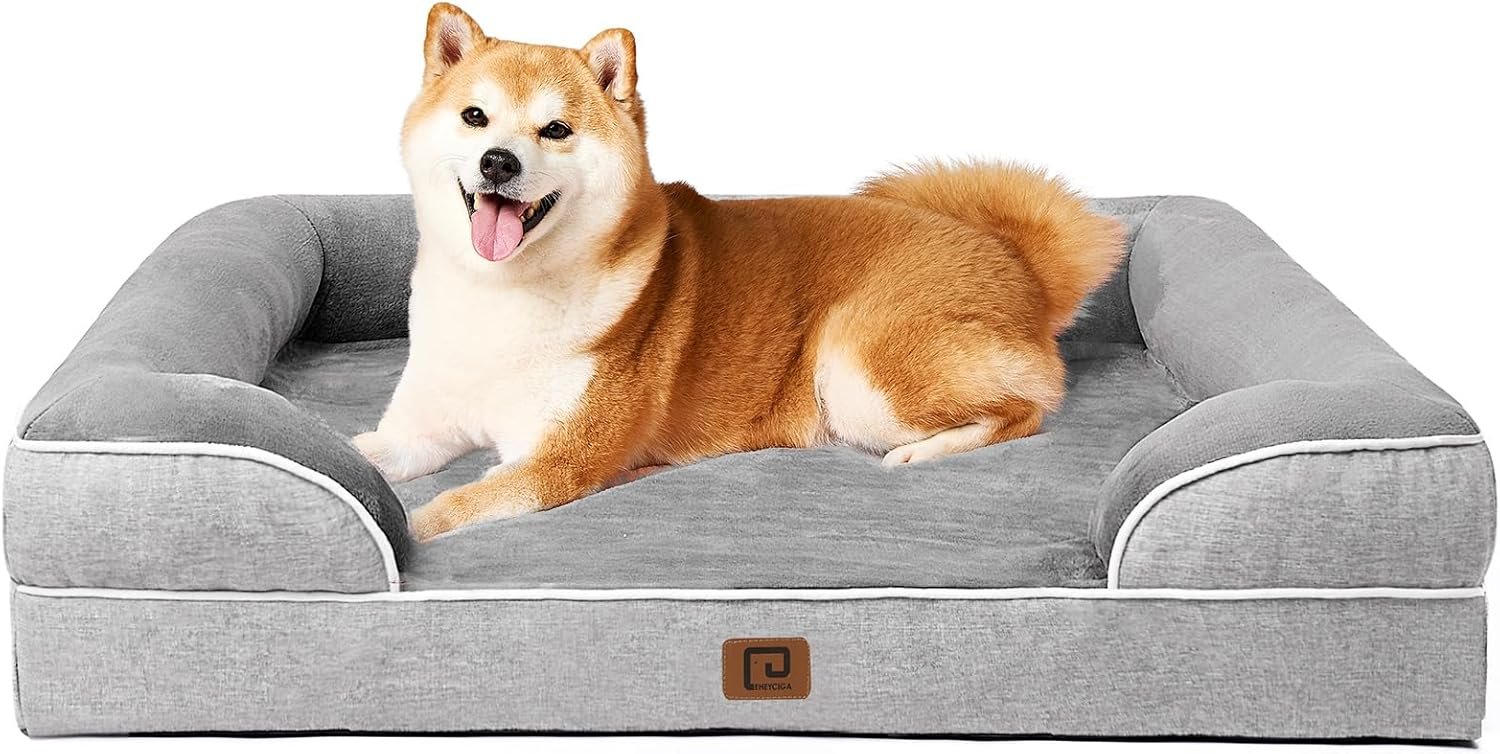 EHEYCIGA Cama Perro Grande 91x68x16cm, Colchon Perro Grandes Impermeable Lavable con Espuma Viscoelástica, Sofá Perro Desmontable, Gris