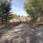 Portón rural flanqueado por pilares blancos y árboles que conduce a la residencia canina del camino